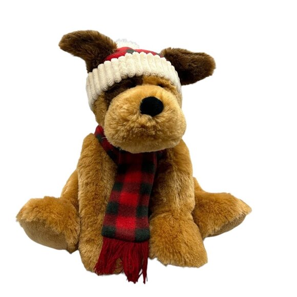 Hugfun Christmas Brown Puppy Dog Winter Plaid Hat Scarf 12" Plush Stuffed Animal - Picture 1 of 10